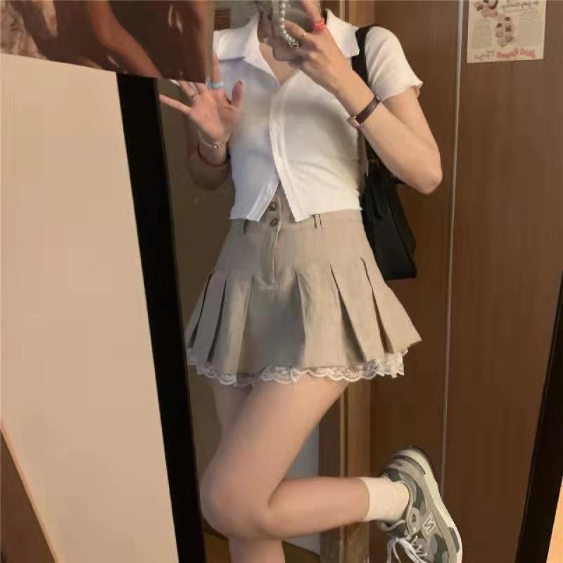 Korean Version of Super Spicy Girl Plus Cotton Linen Lace Stitching Pleated Skirt High Waist Sexy Khaki Lace Pleated Mini Skirt