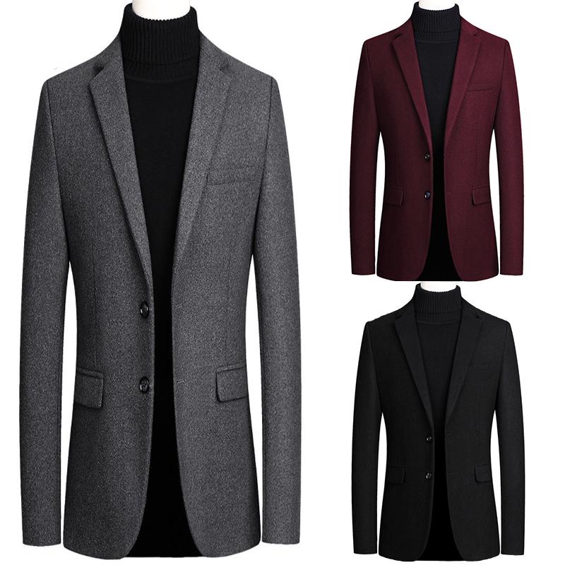 Winter Wool Jacket Men's Wool Coat Casual Slim Collar Wool Coat Men's Long Cotton Collar Trench Coat