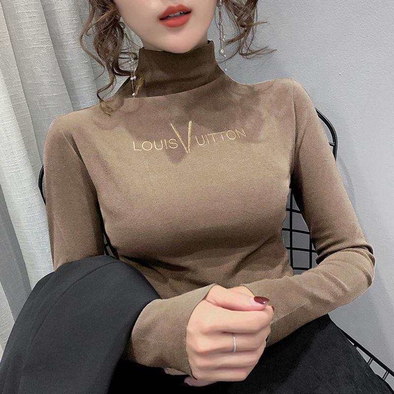 Women's letter Embroidered Velvet Turtleneck Pullover Top Warm Winter Long Sleeve Sweatershirt Lady