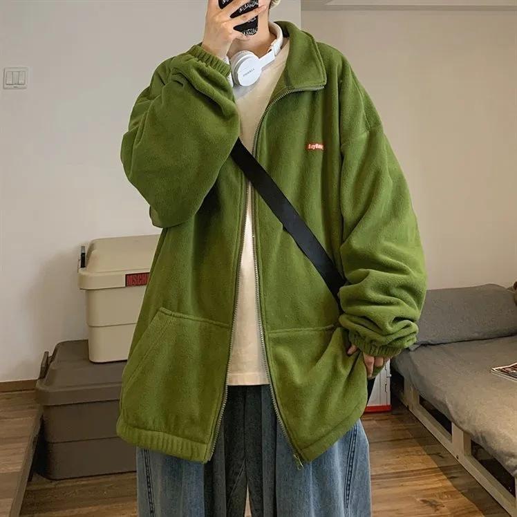 Women's Autumn and Winter Cardigan Sweater Ins Loose Korean BF Lazy Style Plus Velvet Thick Stand Collar Coat Unisex Warm Zipper Jacket