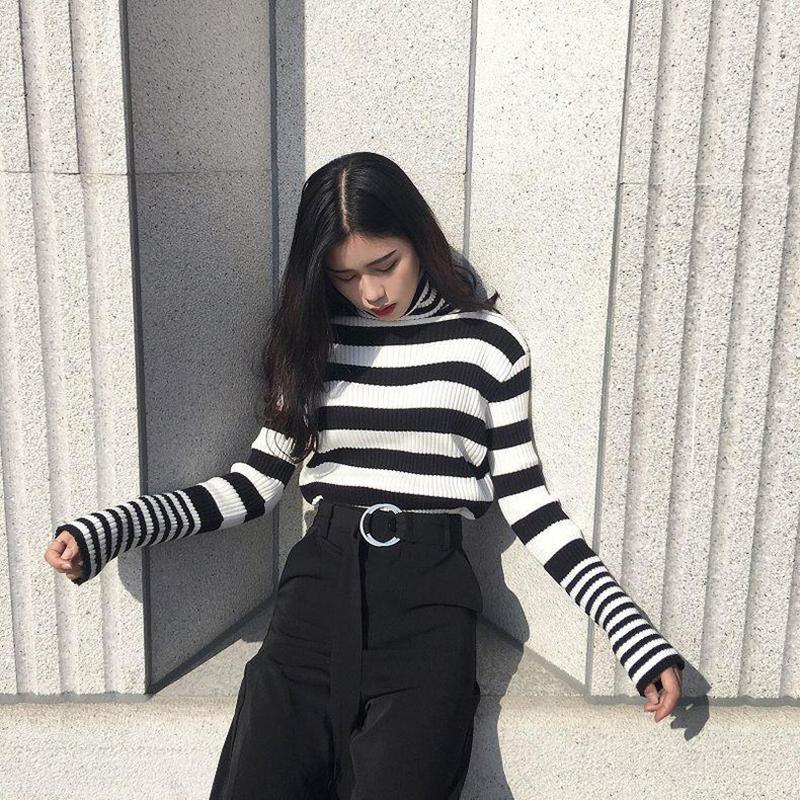 Sweater Women's Turtleneck Knitwear Black and White Striped Pullover Korean Slim Top Trendy Sweater Autumn and Winter Fashion