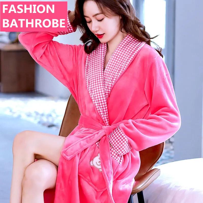 Women's Autumn Winter Thickened Coral Fleece Nightgown Robe Long Sleeves Flannel Bathrobe Plus Fleece Nightgown Large Size Bathrobe Sleeping Suit