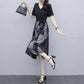 Spring Summer Women's Mesh Dress Fake Two Pieces Black Stitching Mid-length Dress Large Size Casual All-match V-neck