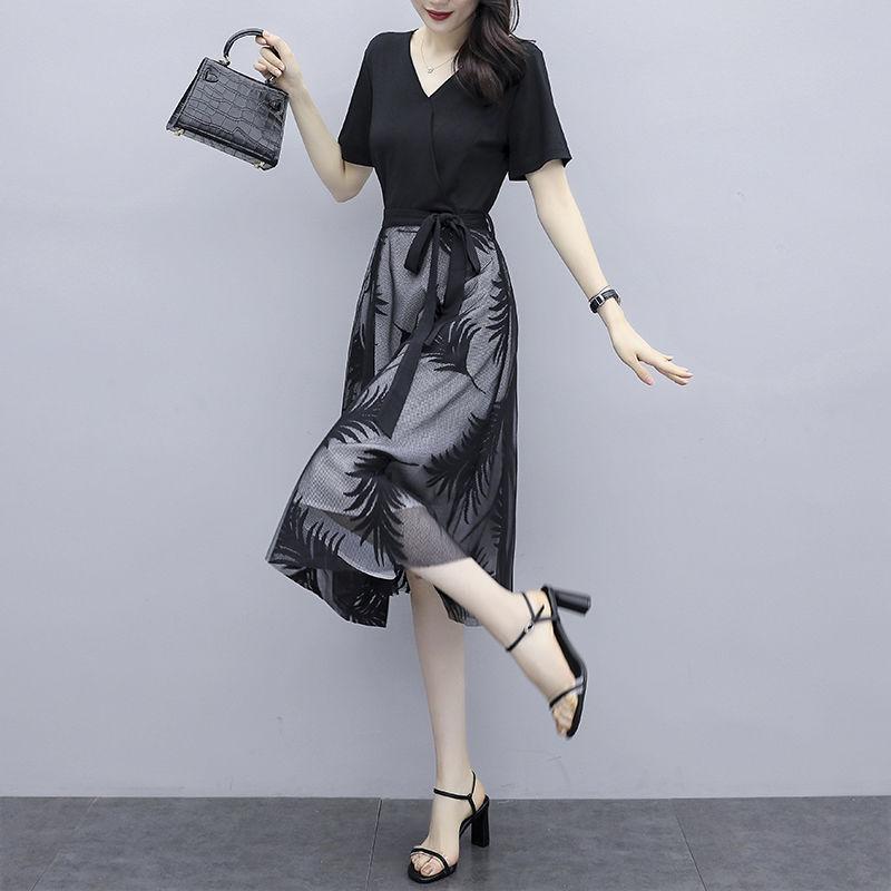 Spring Summer Women's Mesh Dress Fake Two Pieces Black Stitching Mid-length Dress Large Size Casual All-match V-neck