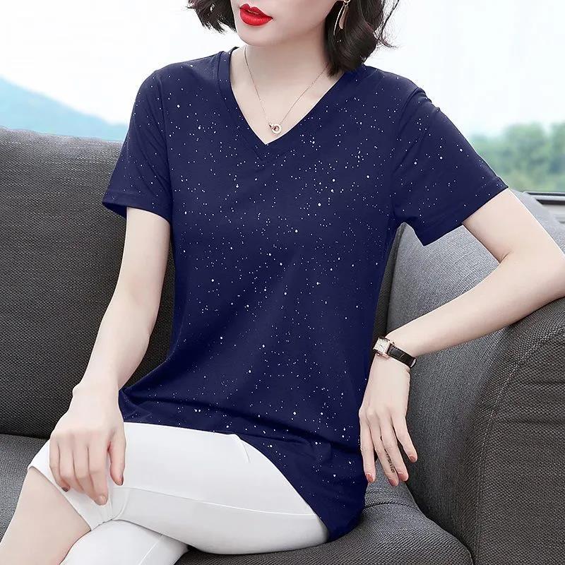 Women's Summer Short Sleeve Mid Length V-Neck Large Size Loose T-Shirt