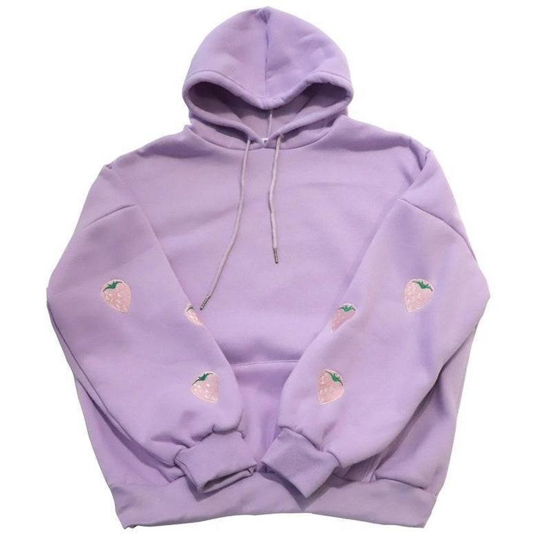 Lilac Color Strawberry Embroidered Hoodie Kawaii Harajuku Clothing Soft Aesthetic Sweatshirt Anime Sweatshirt Kawaii Clothing Hoodies Cute