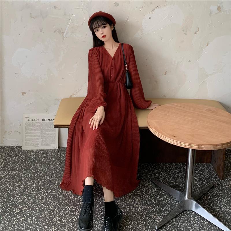 Spring Summer Women's Knee-length Dress French Gentle Wind V-neck Chiffon Solid Color Long-sleeved Dress