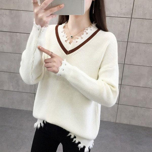 Fringed Loose Knit Women's Spring and Autumn Harajuku Student Bottoming Shirt V-neck Pullover Sweater