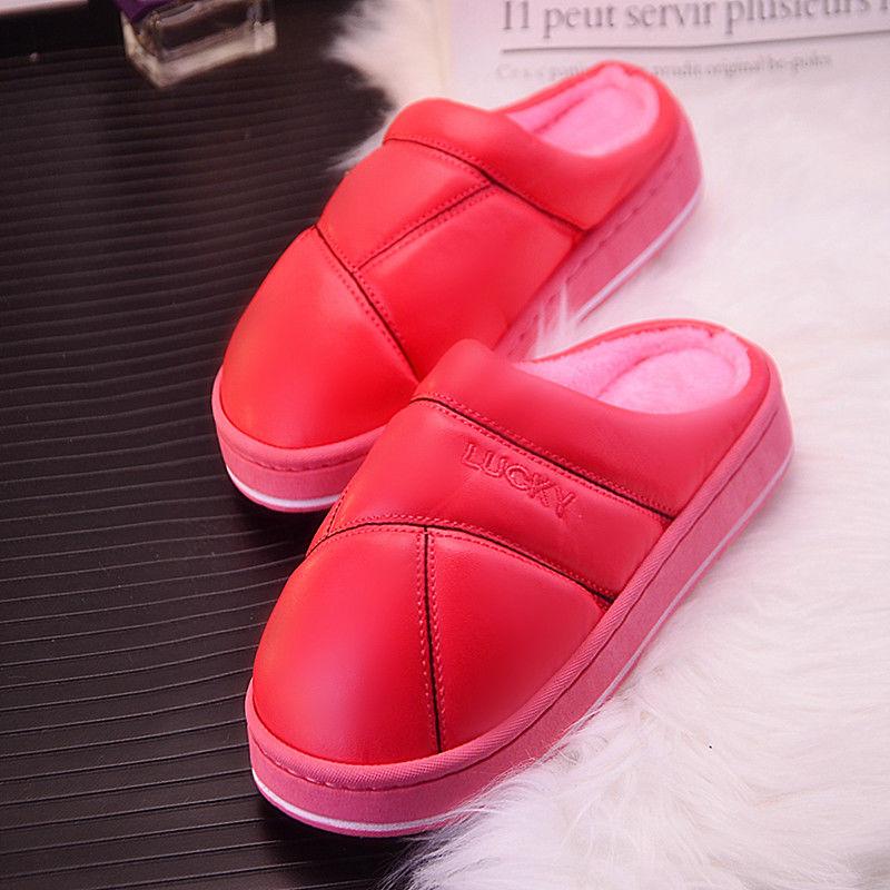 Waterproof Cotton Slippers Women Autumn and Winter PU Surface Soft Bottom Non-slip Couples Home Thick Bottom Solid Color Warm Cotton Slippers Men