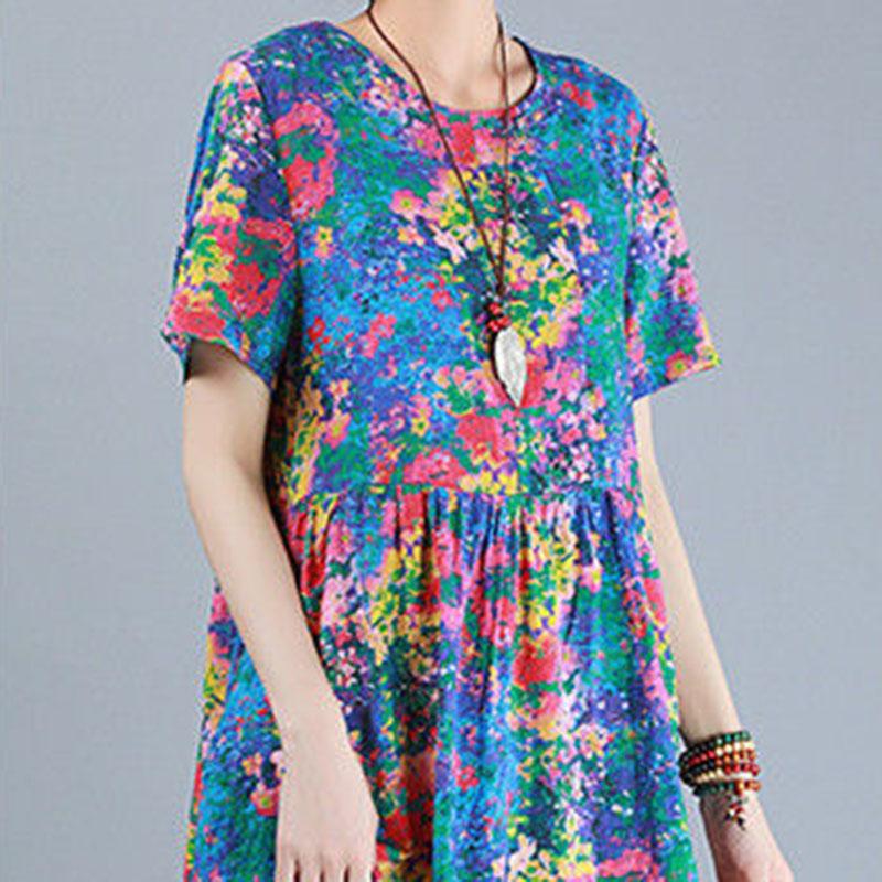 Women's Summer Short Sleeve Mid-Length Dress Floral Round Neck Large Size Loose A-Line Dress