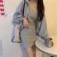 2PCS Women's Casual Solid Color Suit Spring and Summer Sling Dress + Cardigan Jacket Two-piece Ladies Sexy Hooded Sweater Skirt Set