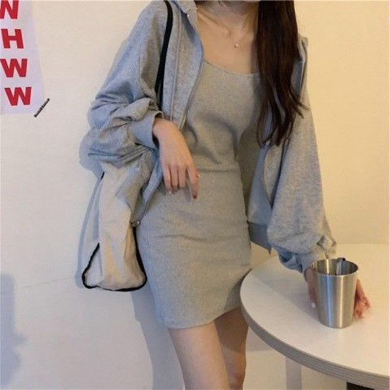 2PCS Women's Casual Solid Color Suit Spring and Summer Sling Dress + Cardigan Jacket Two-piece Ladies Sexy Hooded Sweater Skirt Set