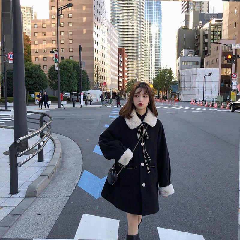 Autumn and Winter Mid-length Woolen Collar Woolen Coat Lamb Wool Coat Women