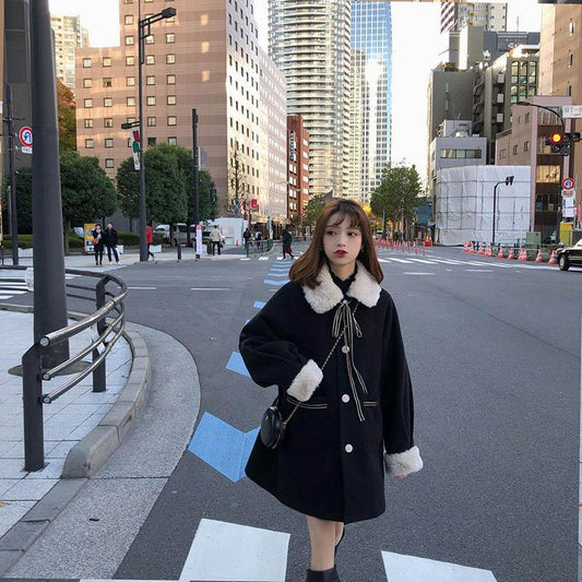 Autumn and Winter Mid-length Woolen Collar Woolen Coat Lamb Wool Coat Women