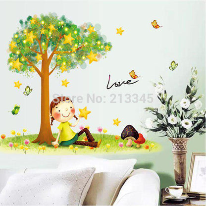 [sticker Monopoly ]Under The Stars Tree Little Girl Cartoon Wall Decor Decal Home Bedroom Kids Room