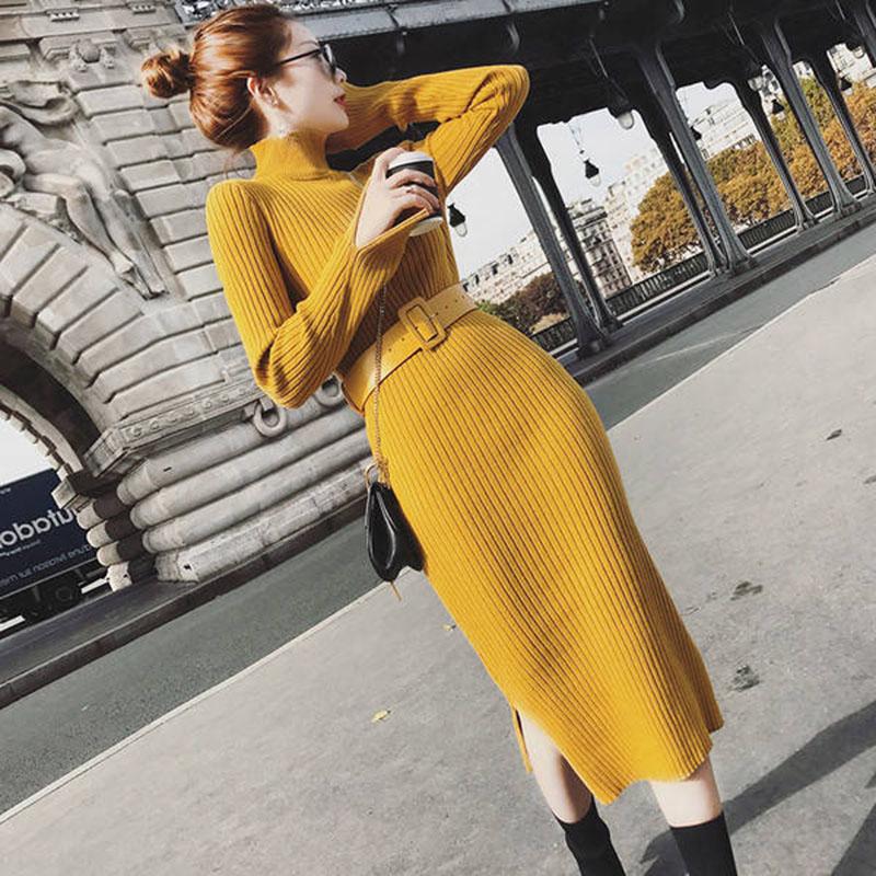 Winter Sexy female Sweater Dress Slim Fit Wrap Hip Turtle Neck Women Winter Sweater Long High Split