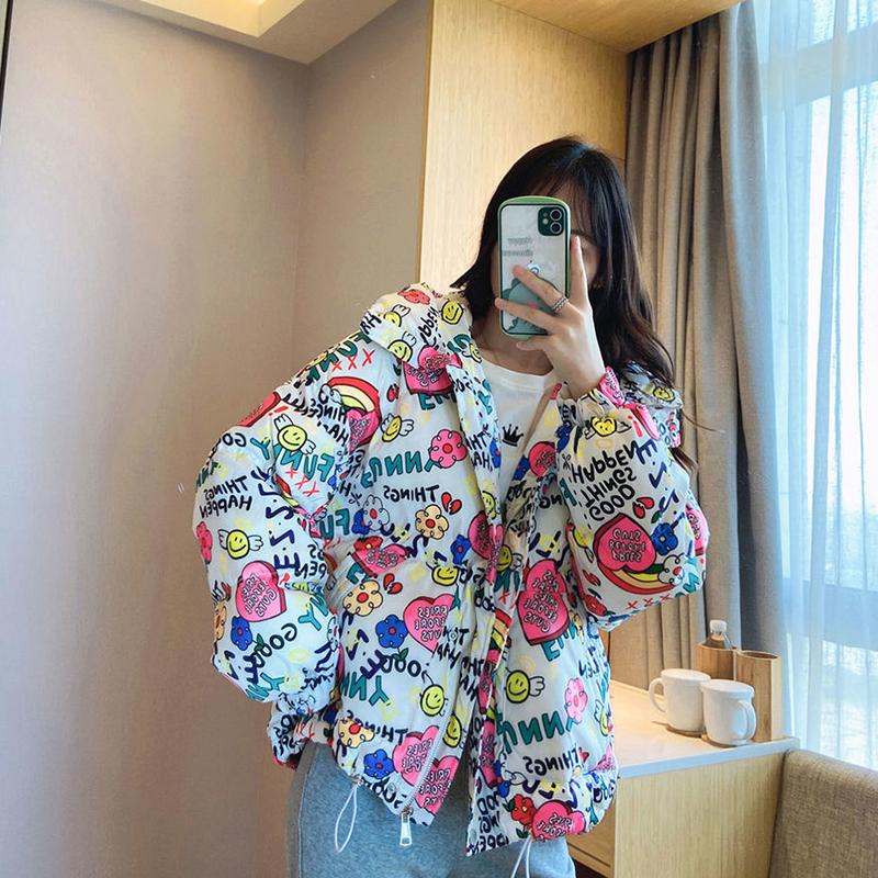 Women's Printed Short Down Jacket Winter Korean Style Loose Quilted Jacket Casual Stand-up Collar Hooded Padded Jacket Quilted Jacket