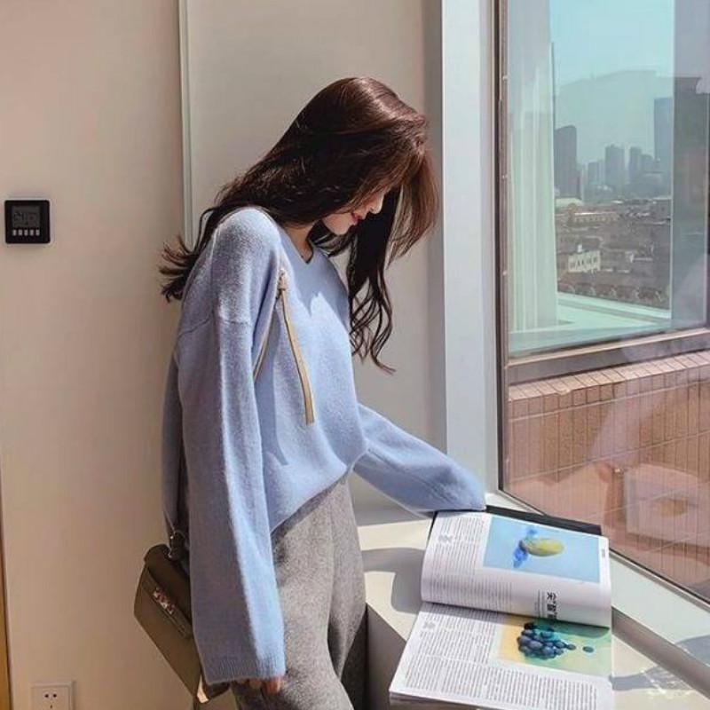 Loose V-neck Sweater Women Pullover Korean Wild Autumn and Winter Candy Color Sweater