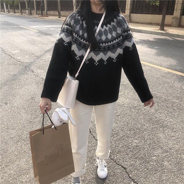 Autumn Winter Turtleneck Sweater Women Nordic Style Rhombic Grid Loose Thick Pullover Sweater Students All-match Bottoming Outer Wear Sweater