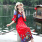Ethnic Style Women's Print Mid-length Five-point Sleeve V-neck Loose Skirt Mom's Beach Holiday Skirt