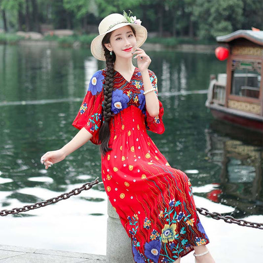 Ethnic Style Women's Print Mid-length Five-point Sleeve V-neck Loose Skirt Mom's Beach Holiday Skirt