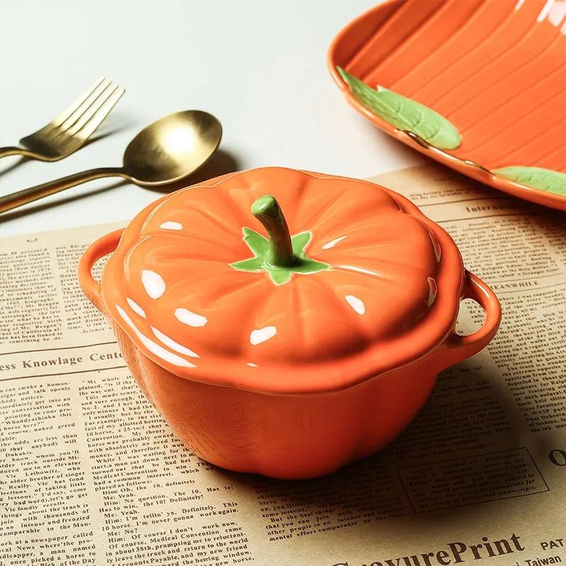 Japanese-style Cute Pumpkin Steamed Bowl Home with Cover Stewed Ceramic Double Ear Soup Bowl of Children's Creative Food Bowl