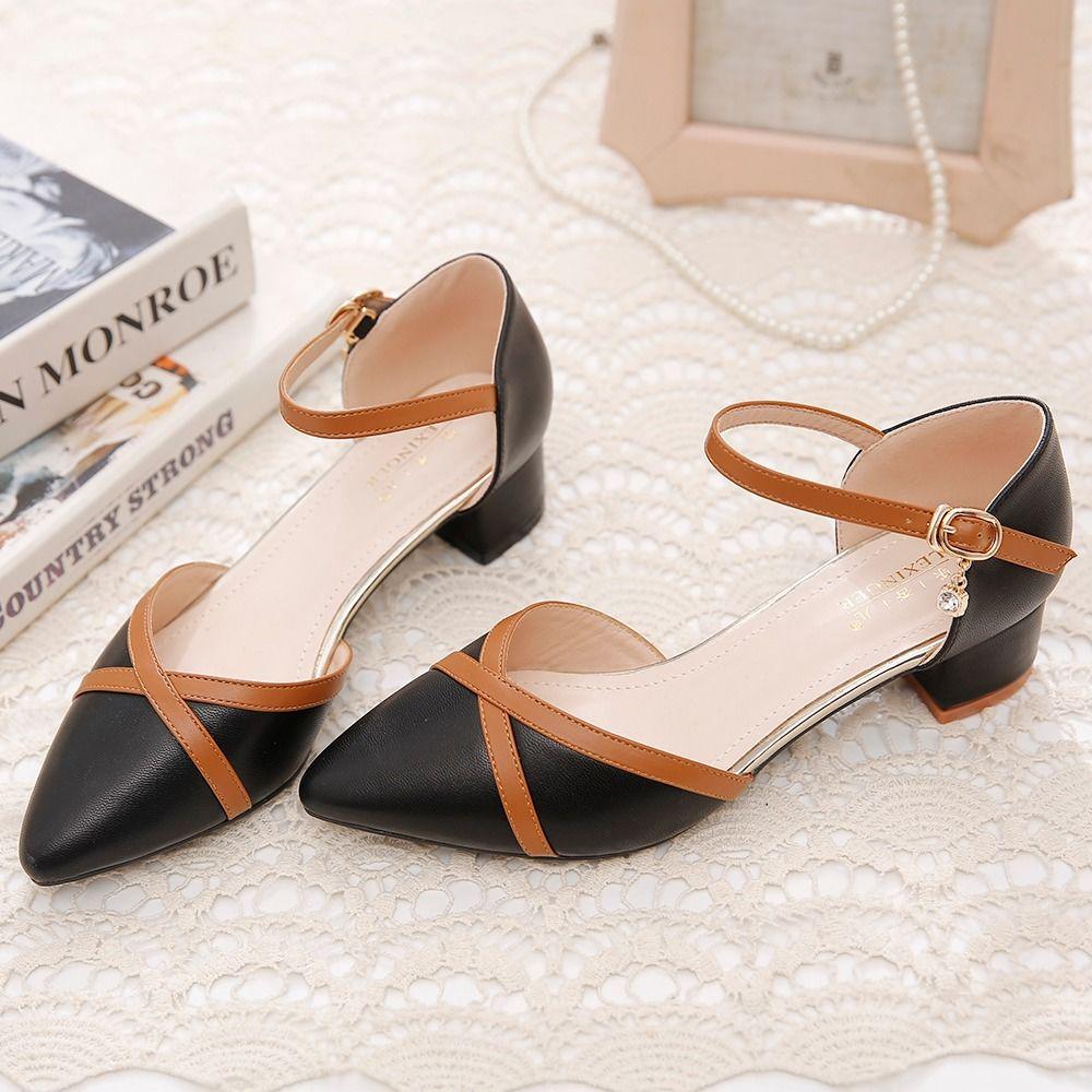 Baotou Sandals Female 2020 Spring and Summer Word Buckle Thick Heel with Wild Matching Color Matching Korean Pointed Single Shoes Women
