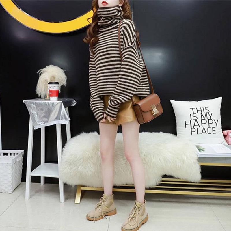 Women contrast striped sweater winter Turtleneck Pullover long sleeve female students loose knitwear