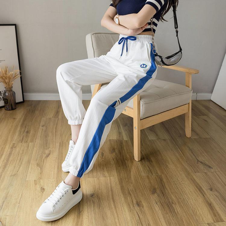 WTEMPO Stitching Stripes Sport Pants Elastic Waist Joggers Casyal Women Long Sweatpants Loose Casual Solid Color Baggy Trousers