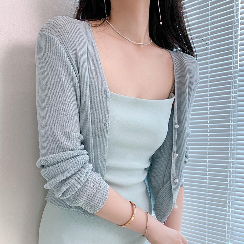 Summer Thin Knitted Sunscreen Cardigan Women's Slim All-match Solid Color Pearl Buckle Ice Silk Short Top