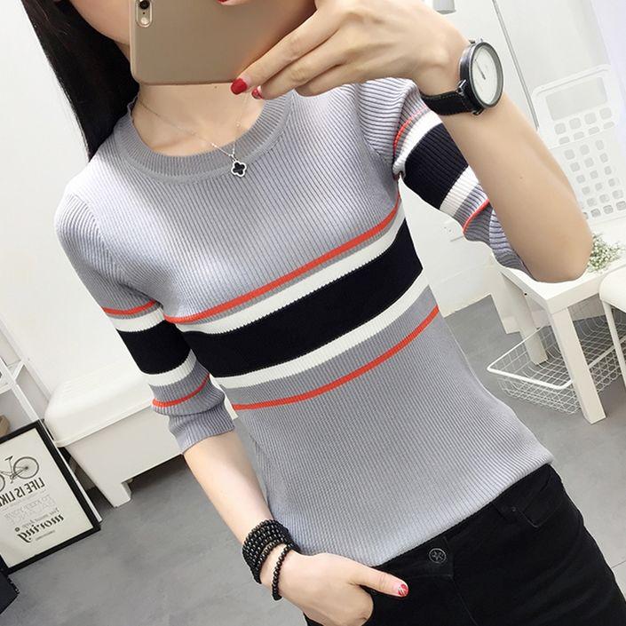 Long-sleeved Sweater Sweater Women's Autumn Round Neck Sleeves Fashion Striped Bottoming Shirt