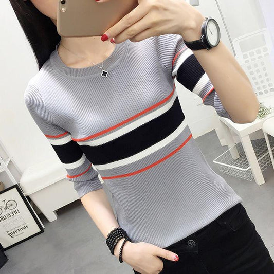 Long-sleeved Sweater Sweater Women's Autumn Round Neck Sleeves Fashion Striped Bottoming Shirt