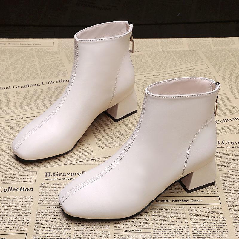 Women's Thick Heel Short Boots Autumn and Winter Trend All-match High-heeled Boots Short Tube High-top Shoes Square Toe Plus Fleece Boots