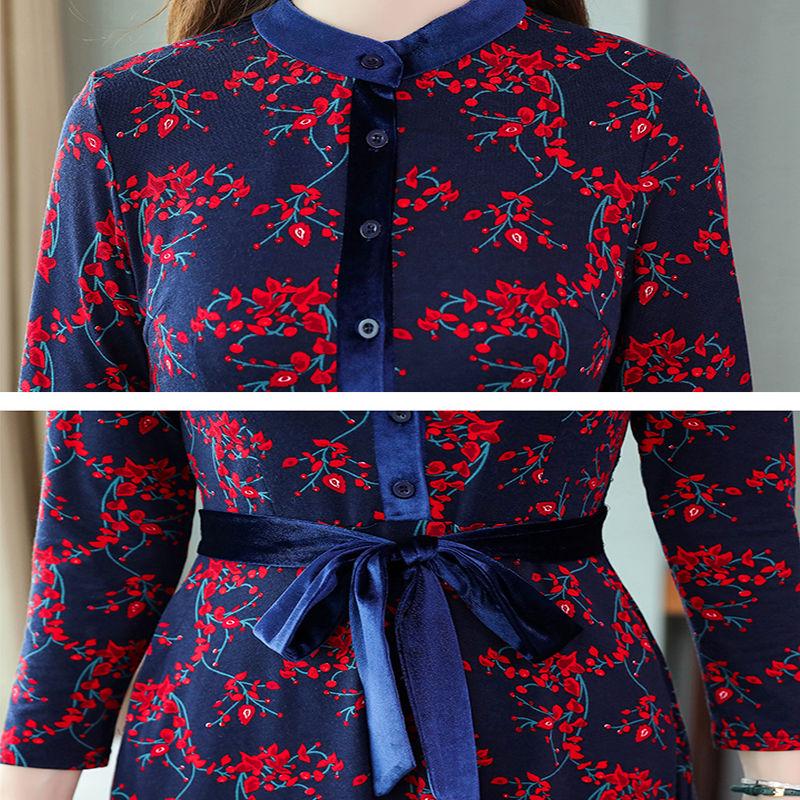 Knitted long skirt floral dress autumn was thin temperament large size women's long-sleeved waist