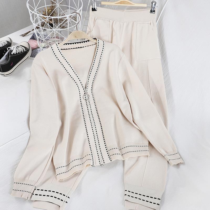 2pcs/set Knitted Suit Women Fashion V-neck Cardigan Top + Casual Knitted Pants Two-piece Female Jogging Outfits