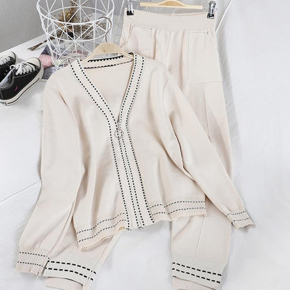 2pcs/set Knitted Suit Women Fashion V-neck Cardigan Top + Casual Knitted Pants Two-piece Female Jogging Outfits