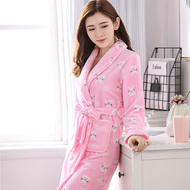 Printed Flannel Pajamas Coral Fleece Nightdress Robes Indoor Homewear Mid Length Bathrobes