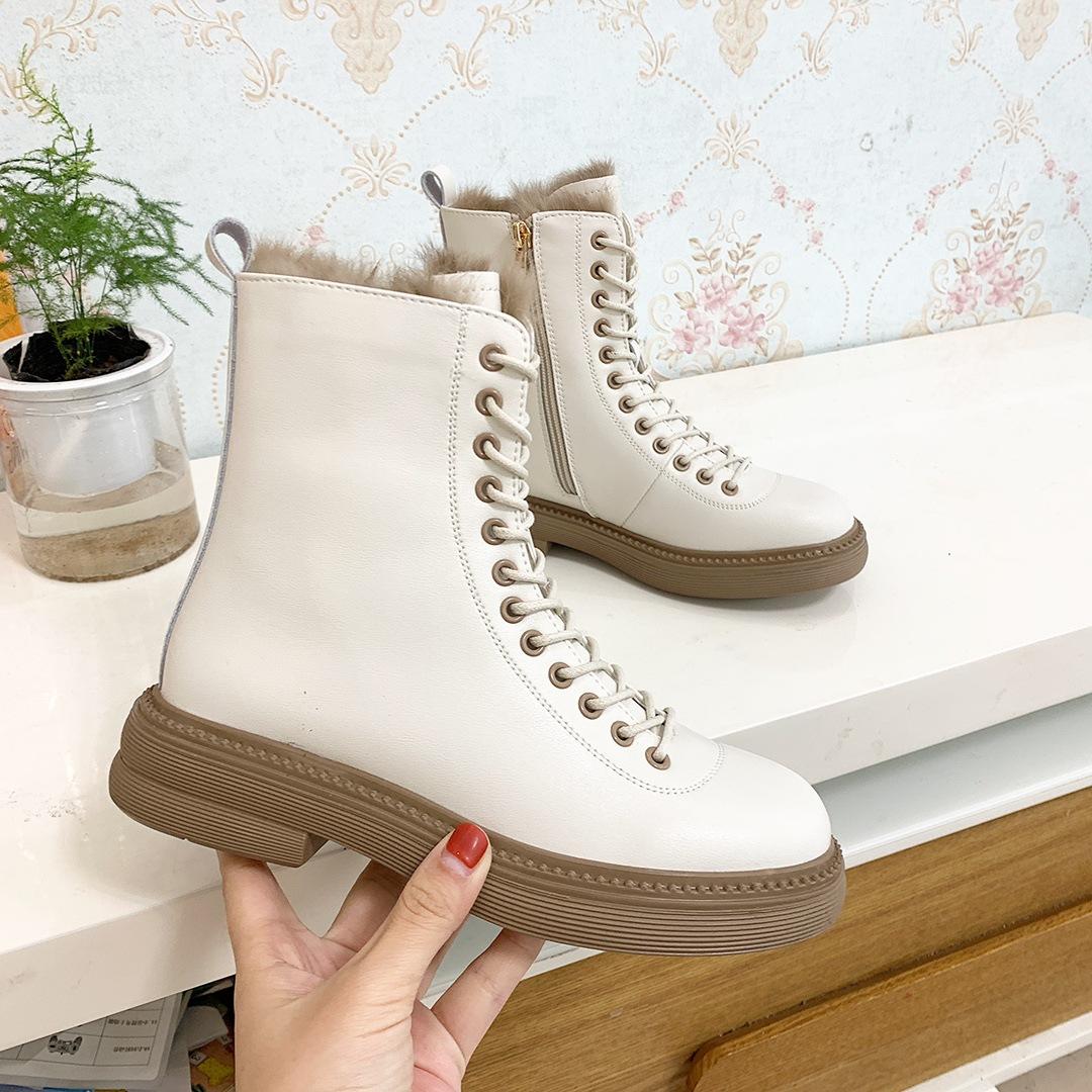 Winter Boots Women Black White Leather Boots Gothic Platform Shoes Fashion Ankle Booties Flat Woman Warm Fur Boots
