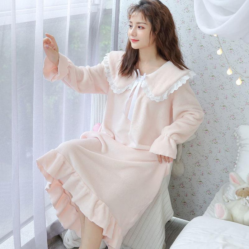 Flannel Nightdress Women Thick Coral Fleece Pajamas Women Long Sleeves Sweet and Cute Princess Style Large Size Loose Home Service