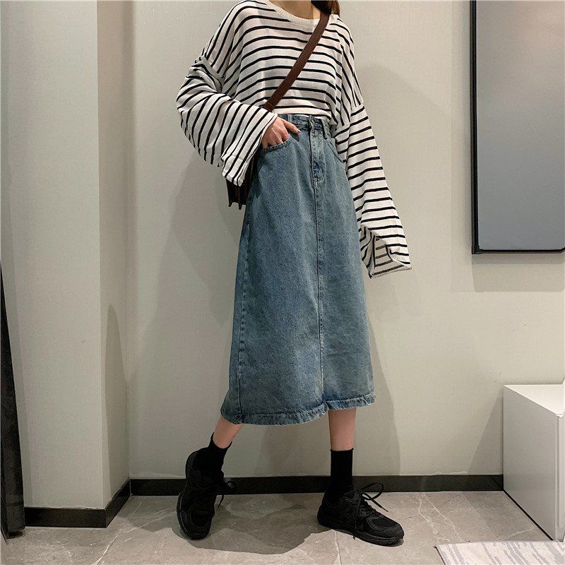 Women Sexy Sweet Solid Denim Skirt High Waist Over The Knee Hip Skirt Casual Club Home Office