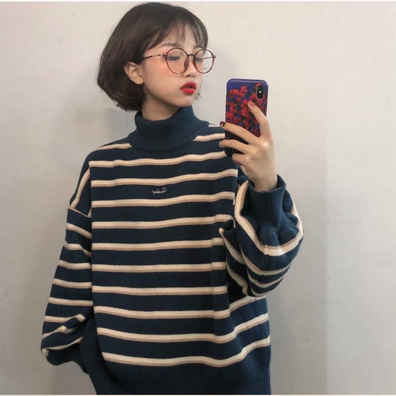 Striped knit jacket coat Thick color-matching turtleneck female student lazy wind loose pullover