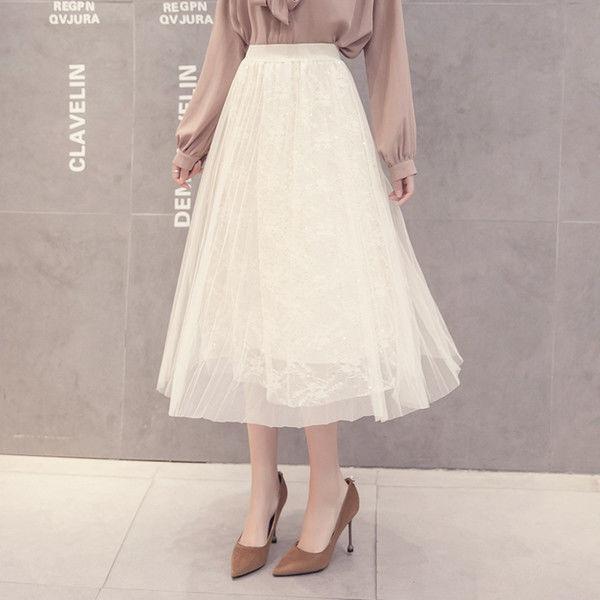 Three Layers Yarn Skirt Woman's Mid-length Elastic Waist Printed Lace High Waist A-line Skirt Pleated Skirt Tender Sexy