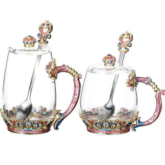 Retro Enamel Color Water Cup Flower Teacup Personality Trend Glass Female Teacup Creative Home Coffee Cup with Lid Spoon