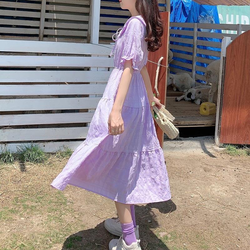 Cute Sweet Well-behaved Girl Solid Color Bow Ruffle Mid-length A-shaped Skirt Age Reduction Looser  Short Sleeve Dress