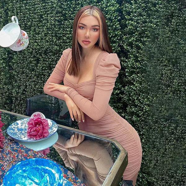 Sexy Low-cut Square-neck Pleated Dress Women's Sweet Pink Long-sleeved Slimming Back Hip Dress Tight Mini Skirt Solid Color Skinny Dress