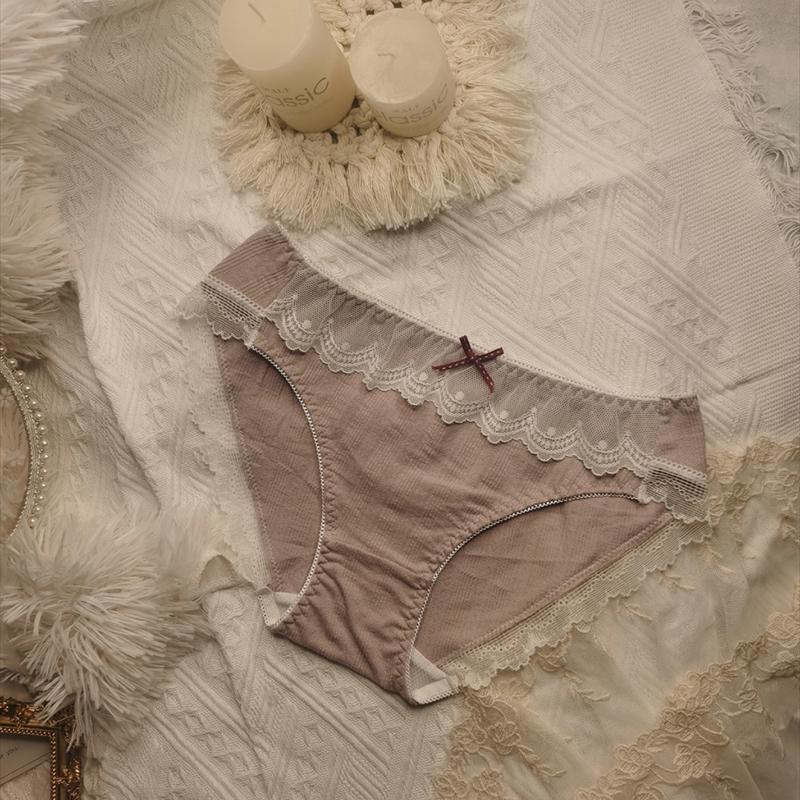 Princess Style Ladies Panties Embroidered Lace Trim Contrast Color Bow Cotton Briefs Women