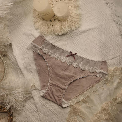 Princess Style Ladies Panties Embroidered Lace Trim Contrast Color Bow Cotton Briefs Women