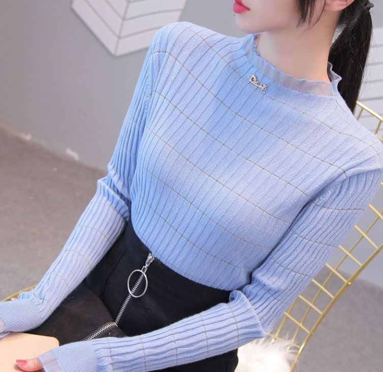 Women's Half Turtleneck Mesh Fungus Edge Bottoming Shirt Slim Fit Long Sleeve Knit Stretch Plus Size Sweater