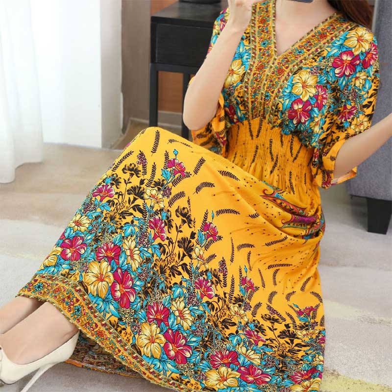 Cotton Silk Dress Mid Length Beach Dress Large Floral Sea Long Dress Mom Casual Wear