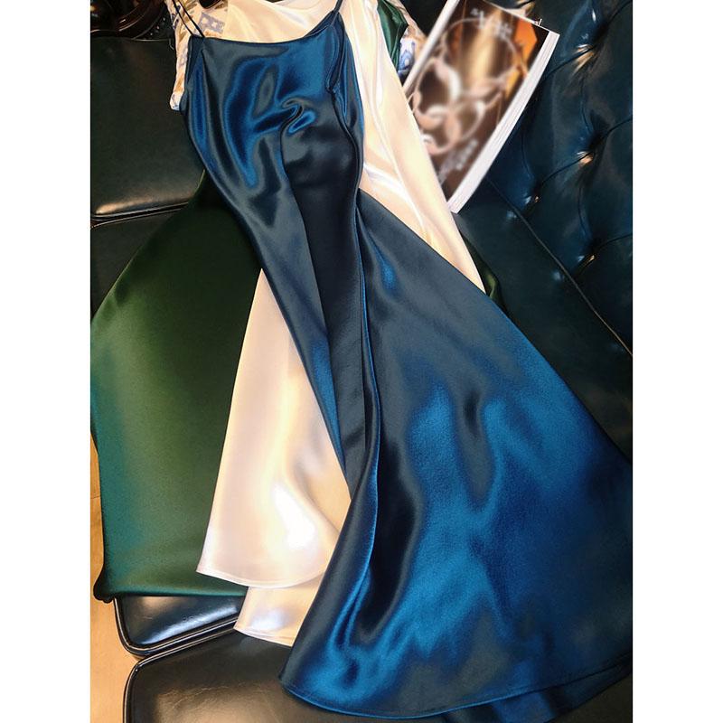 Ladies Satin Deep V-neck Sexy Dress Solid Color Straight Pajamas Party Dress Elegant Female Summer Suspender Skirt Casual